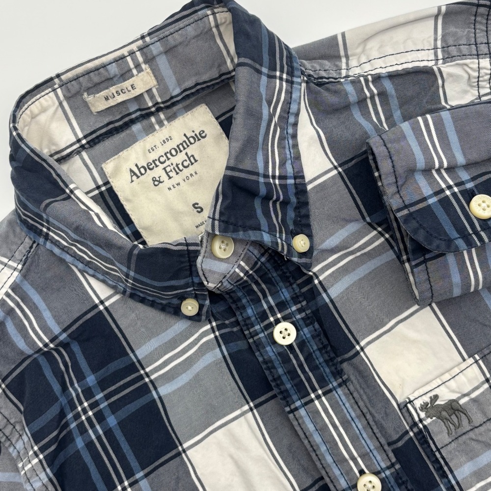 Y2K Abercrombie Fitch Plaid Button Down Shirt Mens Size S Muscle Fit Navy Blue